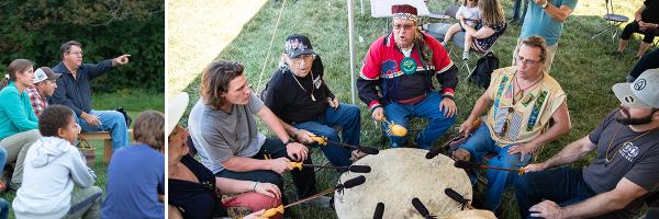 Chief Don Stevens of the Nulhegan Abenaki Tribe shares campfire stories and performs with drummers at Shelburne Farms’ public events. Photos: Sarah Webb and Brandon Parrish Chief Don Stevens tells stories at a campfire and performs with drummers